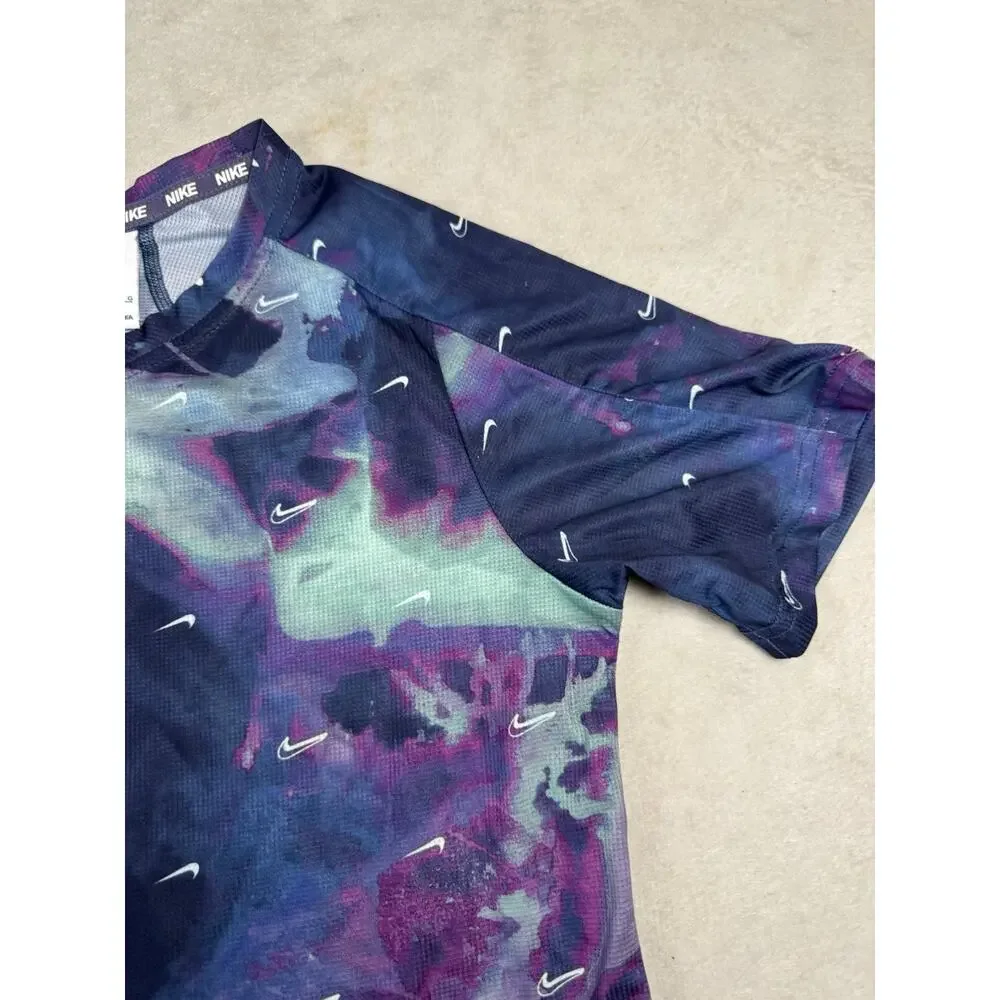 Nike Dri-FIT Boys L Blue Purple Allover Swoosh Athletic Shirt Youth